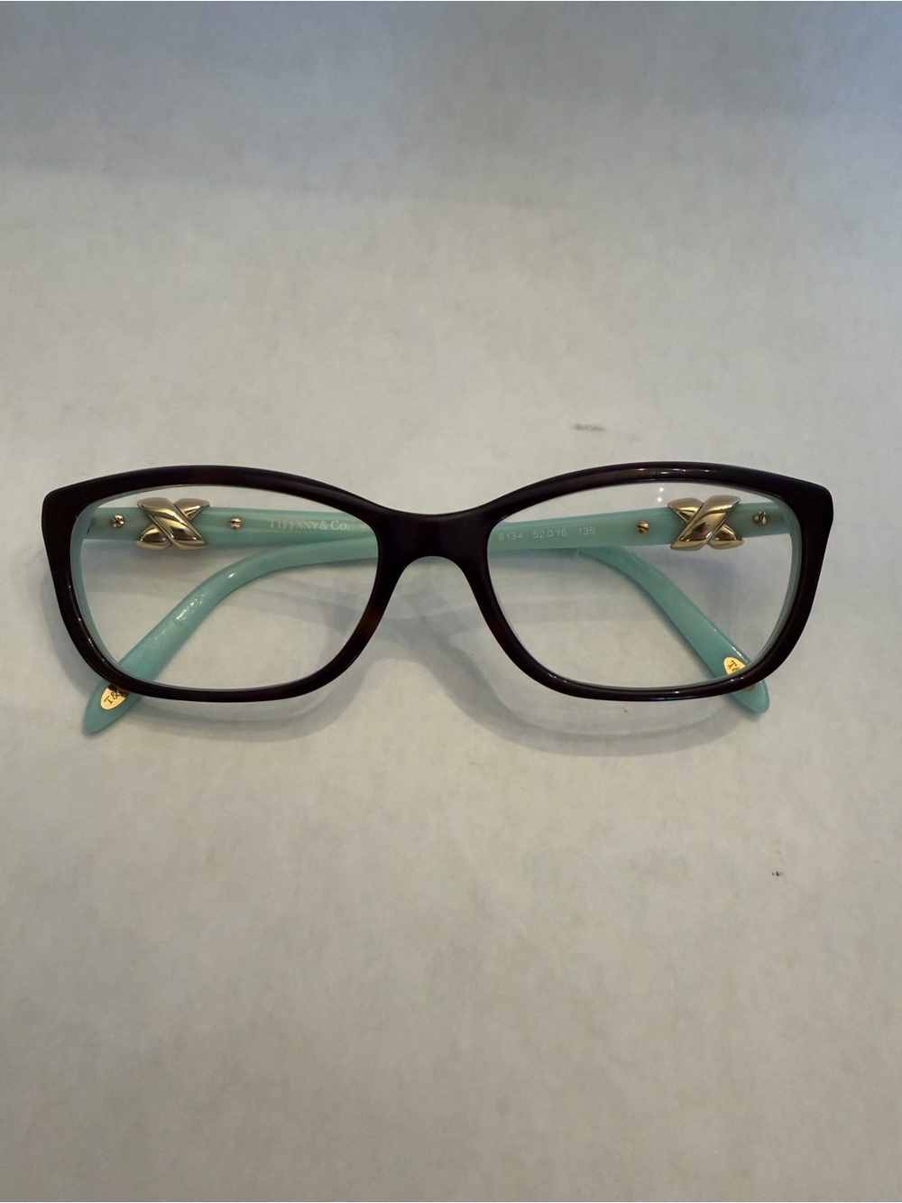 Tiffany & Co. Black Frame Glasses with Aqua Temples and Gold Accents